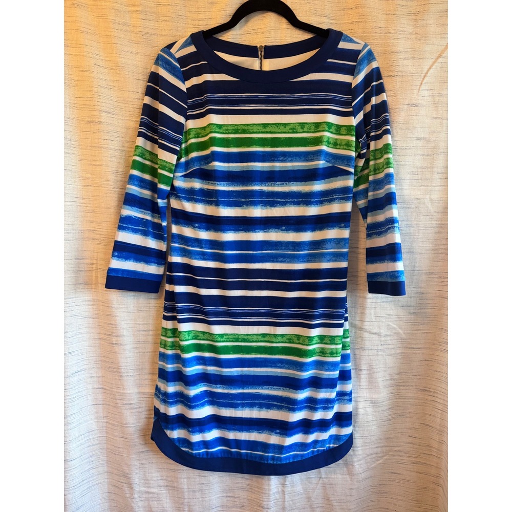 Vince Camuto Blue Green Striped 3/4 Sleeve Sheath Dress Size 6